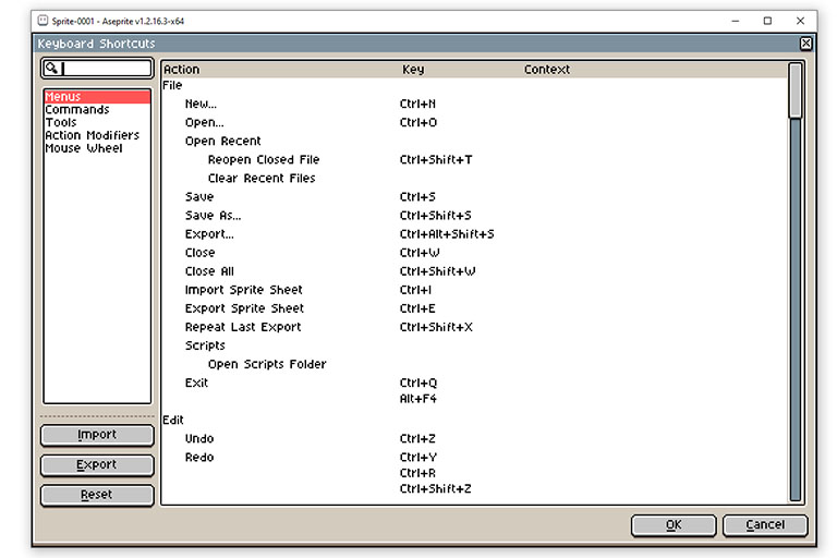 aseprite hotkeys