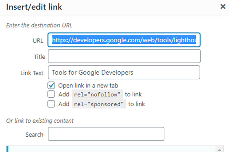 WordPress Insert/edit link attribute options